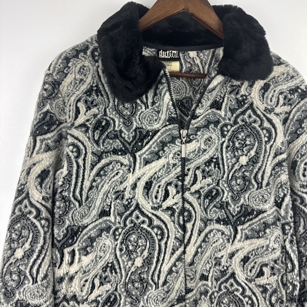 Vintage Duffel Outdoor Jacket Womens Small Black White Paisley Faux Fur Fleece - Picture 2 of 10